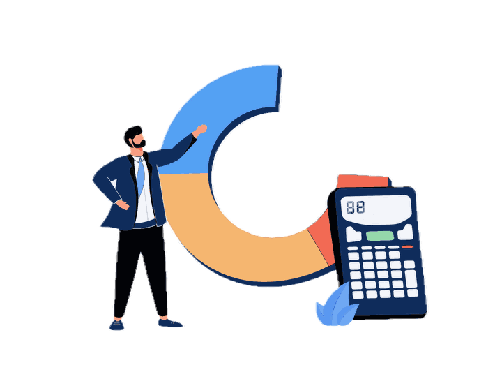 費用のグラフと電卓を前にした人のイラスト